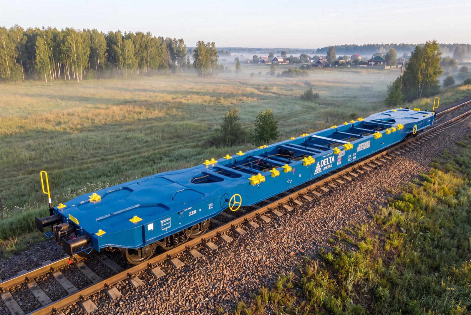 Delta Ankara Sggns(s) 80′ container carrier on track at sunrise